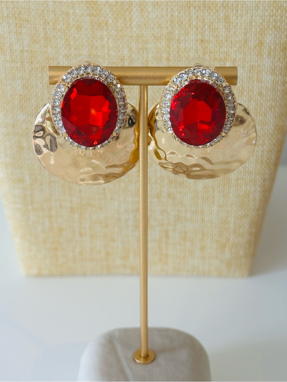 Gold-Tone Red Crystal Statement Earrings